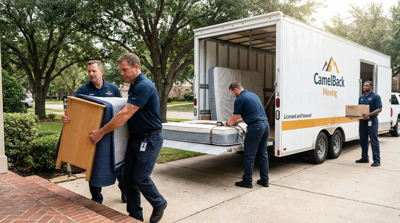 Crew loading residential truck for cross-state move from Jayton, TX