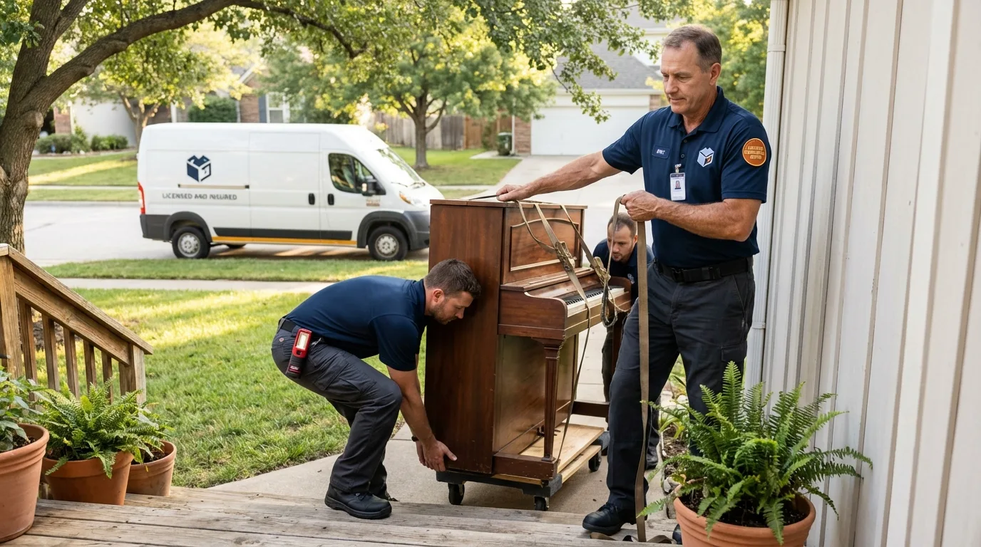 Licensed piano movers securing grand piano in Jayton, TX
