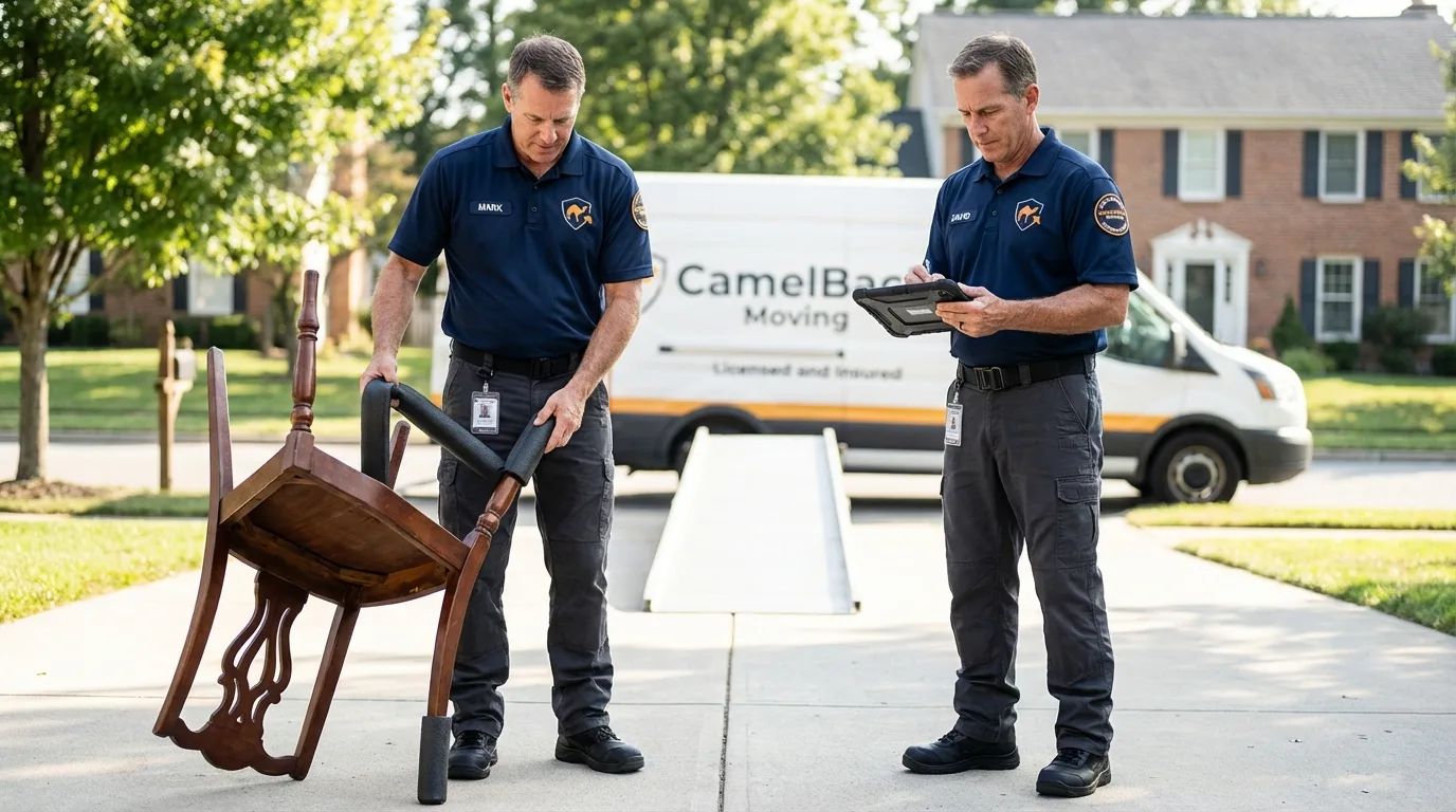 Movers inspecting furniture for damage prevention before loading in Jayton, TX